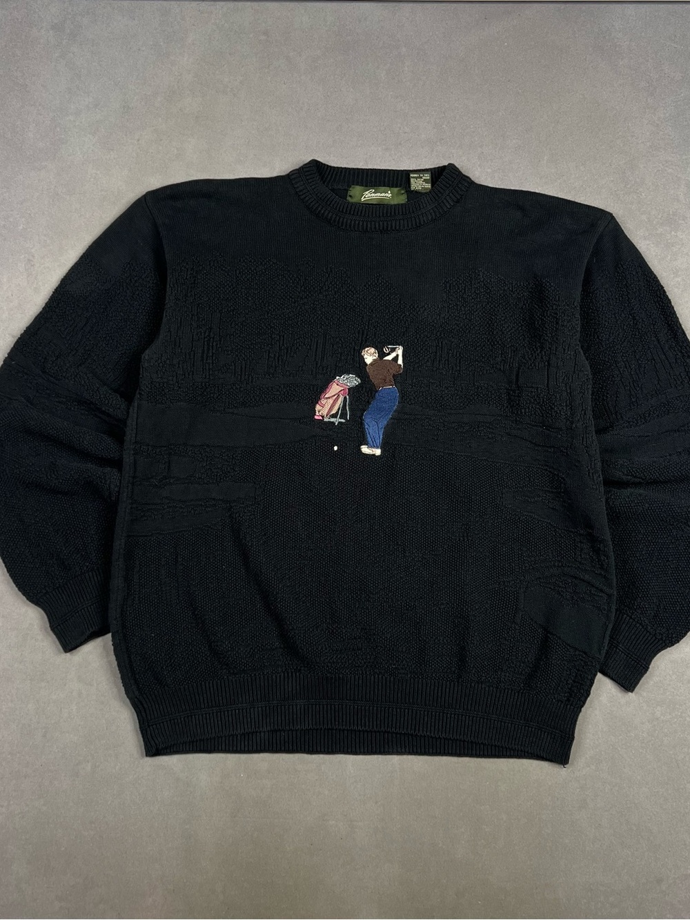 Vintage Black Crewneck Sweater with Golfer Embroidery